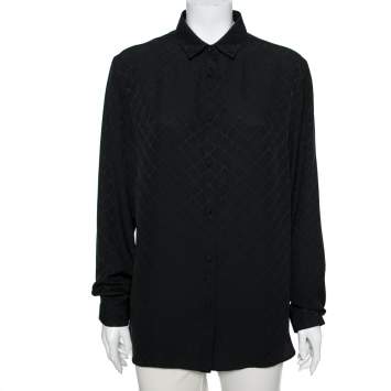 Pre Owned Gucci Black GG Check Patterned Silk Crepe Button Front Shirt L