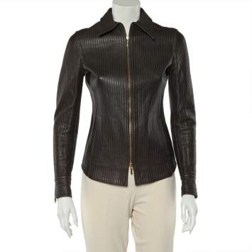Pre Owned Gucci Brown Stitched Leather Zip Front Jacket M