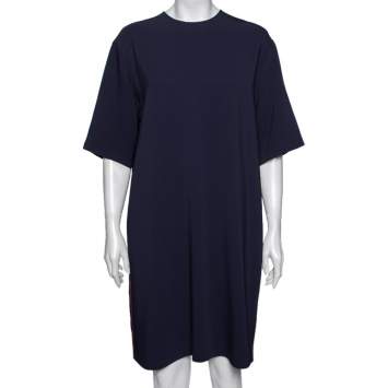 Pre Owned Gucci Navy Blue Crepe Web Stripe Trimmed Tunic Dress L