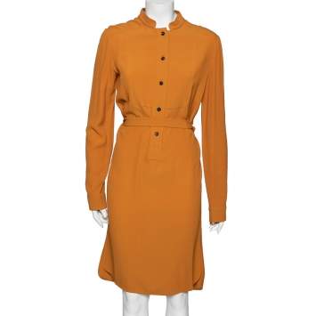 Pre Owned Gucci Orange Silk Crepe Belted Tunic Dress M
