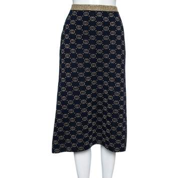Pre Owned Gucci Navy Blue & Gold GG Lurex Jacquard Midi Skirt XS