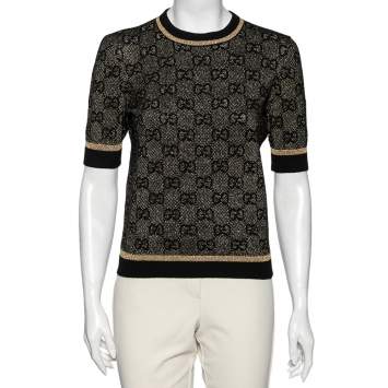 Pre Owned Gucci Gold & Black GG Lurex Jacquard Wool Jumper S