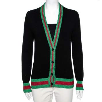 Pre Owned Gucci Black Wool Front Button Web Trim Lurex Long Sleeve Sweater S