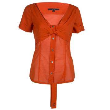 Pre Owned Gucci Orange Front Tie Detail Short Sleeve Cotton Blouse  S