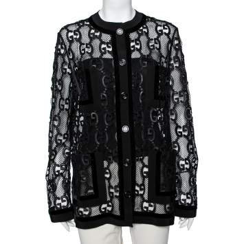 Pre Owned Gucci Black Mesh Laser Cut GG Long Sleeve Button Front Jacket M