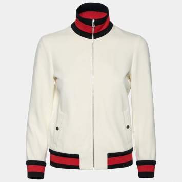 Pre Owned Gucci Cream Jersey Knit Web Stripe Trimmed Bomber Jacket M