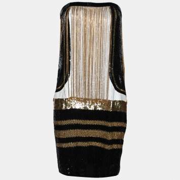 Pre Owned Gucci Black Sequin & Crystal Embellished Silk Strapless Dress M