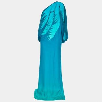 Pre Owned Gucci Blue Ombre Leaf Embroidered Silk One-Shoulder Draped Maxi Dress M