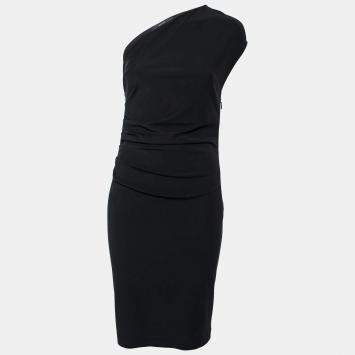 Pre Owned Gucci Black Stretch Knit Ruched One-Shoulder Short Dress M