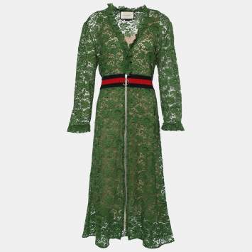 Pre Owned Gucci Green Lace Zip Front Midi Dress L