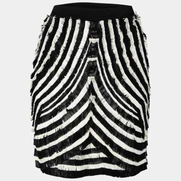 Pre Owned Gucci Monochrome Pattern Fringed Leather Short Skirt M 