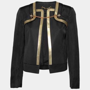 Pre Owned Gucci Black Silk & Leather Trimmed Chain Embellished Jacket M