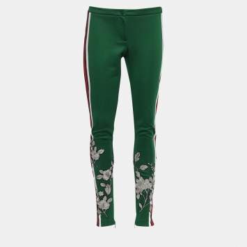Pre Owned Gucci Green Jersey Knit Floral Embroidered Stirrup Leggings S