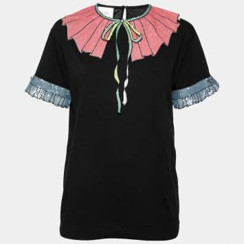 Pre Owned Gucci Black Cotton Sequin Embellished Appliqued Short Sleeve T-Shirt XL