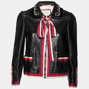Pre Owned Gucci Black Leather Web Detail Trim Bow Tie Studded Collar Jacket M
