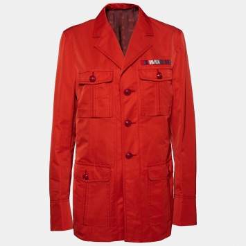 Pre Owned Gucci Red Synthetic Web Line Safari Coat L