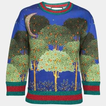 Pre Owned Gucci Blue Night Garden Print Cotton Crew Neck Sweatshirt S