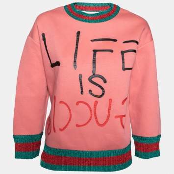 Pre Owned Gucci Pink Cotton Life Is Gucci Spray Painted Sweatshirt M
