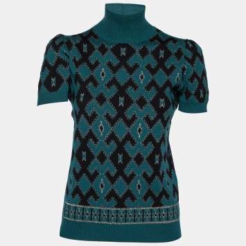 Pre Owned Gucci Teal Blue and Black Textured Knit Turtleneck Top L