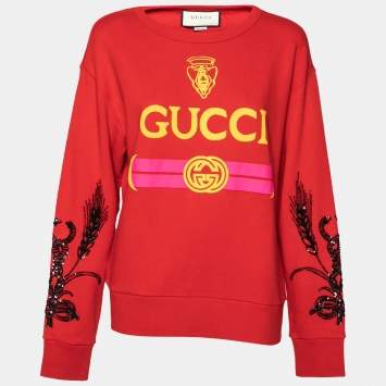 Pre Owned Gucci Red Knit Logo and Sequin Embellished Sweater XS