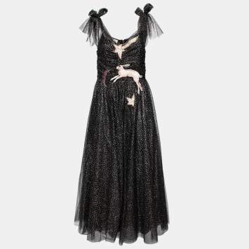 Pre Owned Gucci Black Gold Glitter and Mesh Tulle Crystal Embellishments and Embroidered Dropped Sleeve Dress L