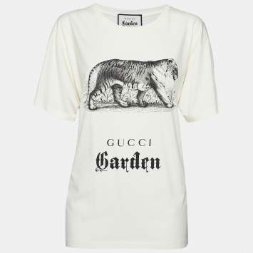 Pre Owned Gucci Garden Cream Tiger Printed Cotton Crew Neck T-Shirt XL