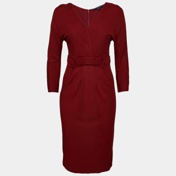 Pre Owned Gucci Crepe Burgundy Bow Waist Detailed Long Sleeve Dress S