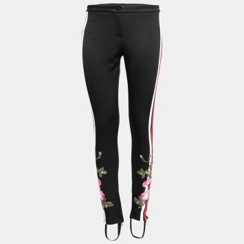 Pre Owned Gucci Black Jersey Web Stripe Trim Floral Appliqued Leggings M