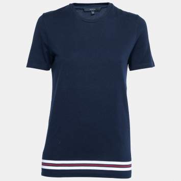 Pre Owned Gucci Navy Blue Cotton Gucci Striped Crew Neck T-shirt M