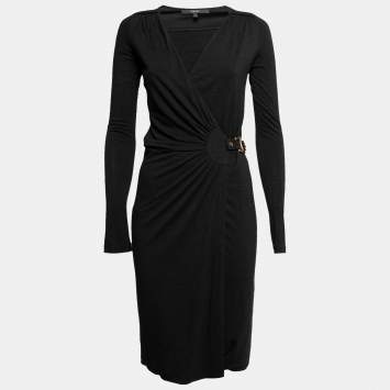 Pre Owned Gucci Black Knit Buckle Detail V-Neck Wrap Dress S