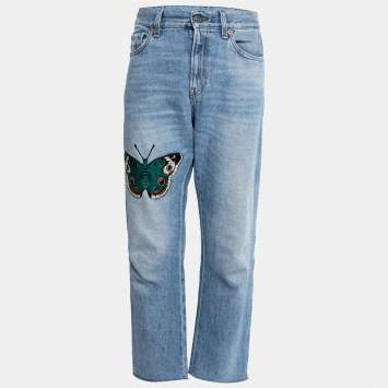 Pre Owned Gucci Blue Denim Butterfly Patch Embroidered Straight Fit Jeans Waist 32" 