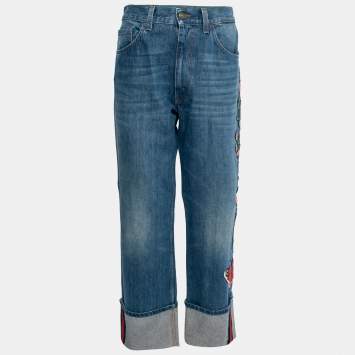 Pre Owned Gucci Blue Denim Floral Embroidered Straight Leg Jeans L