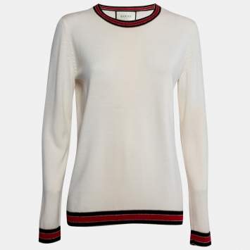 Pre Owned Gucci Cream Wool Rib Knit Lurex Trimmed Crewneck Sweater XL