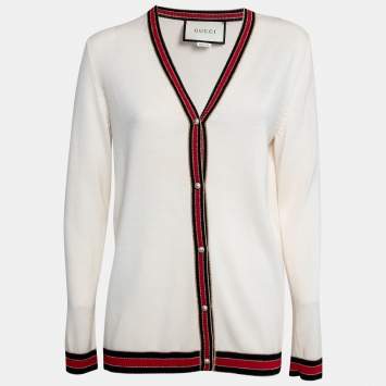 Pre Owned Gucci Cream Wool Lurex Web Stripe Trimmed Button Front Cardigan XL