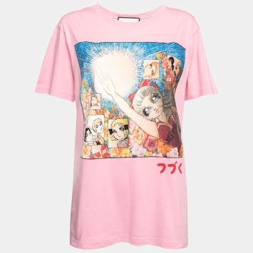 Pre Owned Gucci x Alessandro Michele Pink Sailor Moon Print Cotton Short Sleeve T-Shirt XS