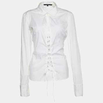 Pre Owned Gucci Vintage White Stretch Cotton Lace-Up Detail Shirt L