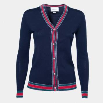 Pre Owned Gucci Navy Blue Wool & Lurex Web Stripe Trimmed Button Front Cardigan S