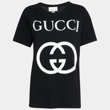 Pre Owned Gucci Black Cotton Logo Printed Short Sleeve T-Shirt XS