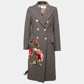 Pre Owned Gucci Brown Wool Floral Sequin Embroidered Embellished Coat S