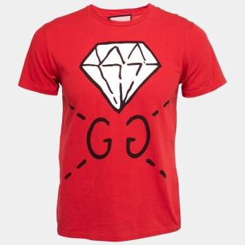 Pre Owned Gucci Red Ghost Diamond Print Cotton Crew Neck T-Shirt S