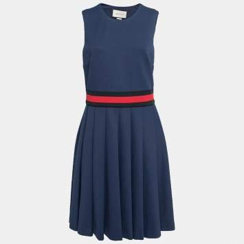 Pre Owned Gucci Navy Blue Jersey Web Stripe Detailed Pleated Dress XL