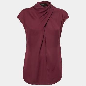Pre Owned Gucci Burgundy Silk Sleeveless High Neck Top Blouse S