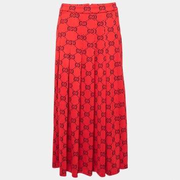 Pre Owned Gucci Red GG Jacquard Cotton Pleated Maxi Skirt M