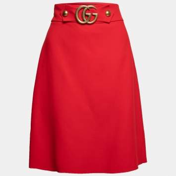 Pre Owned Gucci Red Wool & Silk GG Buckled A-Line Skirt M