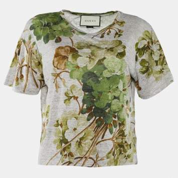 Pre Owned Gucci Cream Bloom Print Linen Crew Neck T-Shirt S