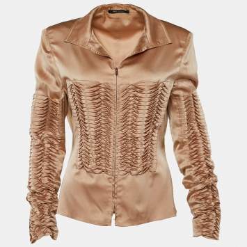 Pre Owned Gucci Copper Silk Pintuck Detail Zip Front Jacket L