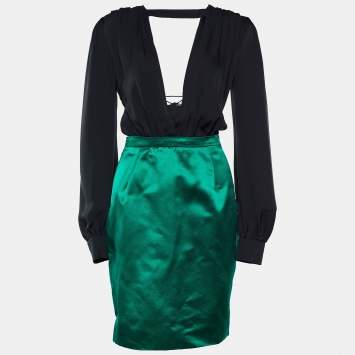 Pre Owned Gucci Black and Emerald Green Silk Cut-Out Detail Backless Long Sleeve Dress M