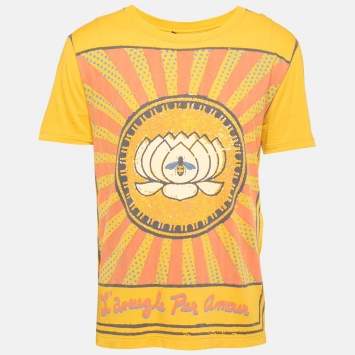 Pre Owned Gucci Yellow Printed Distressed Cotton Short Sleeve T-Shirt S