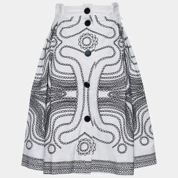 Pre Owned Gucci White And Black Printed Cotton Button Front Skirt L