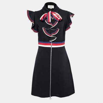Pre Owned Gucci Black Stretch Jersey Sylvie Web Trim Ruffled Dress XL